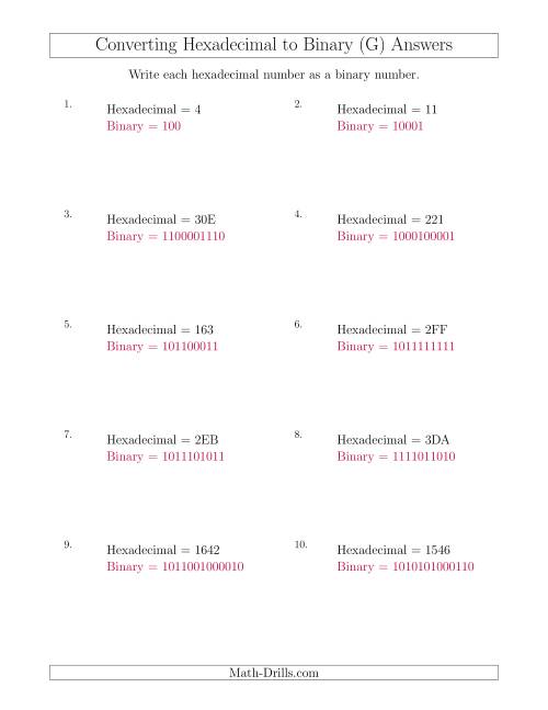 The Converting Hexadecimal Numbers to Binary Numbers (G) Math Worksheet Page 2