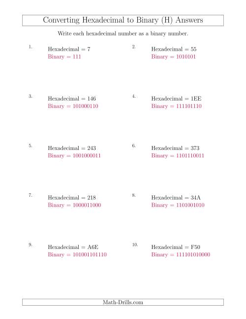The Converting Hexadecimal Numbers to Binary Numbers (H) Math Worksheet Page 2
