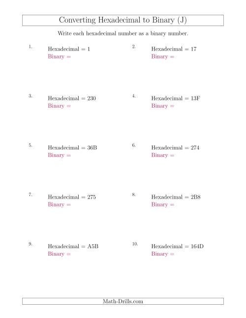 The Converting Hexadecimal Numbers to Binary Numbers (J) Math Worksheet