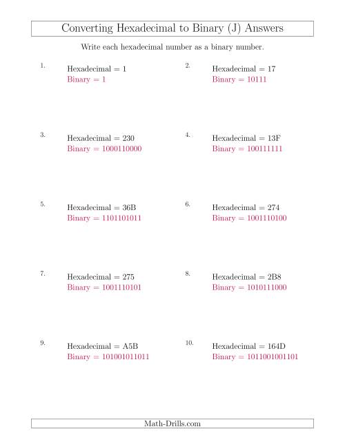 The Converting Hexadecimal Numbers to Binary Numbers (J) Math Worksheet Page 2