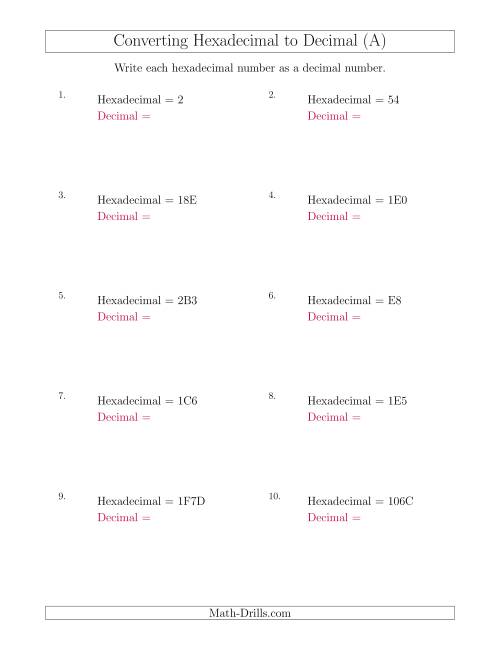 The Converting Hexadecimal Numbers to Decimal Numbers (A) Math Worksheet