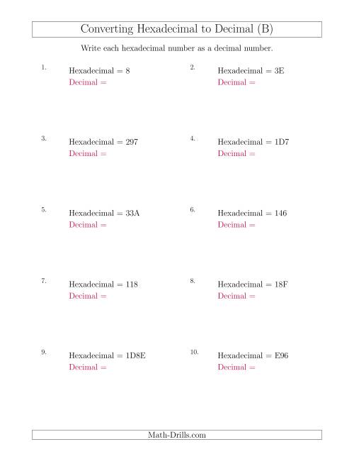 The Converting Hexadecimal Numbers to Decimal Numbers (B) Math Worksheet
