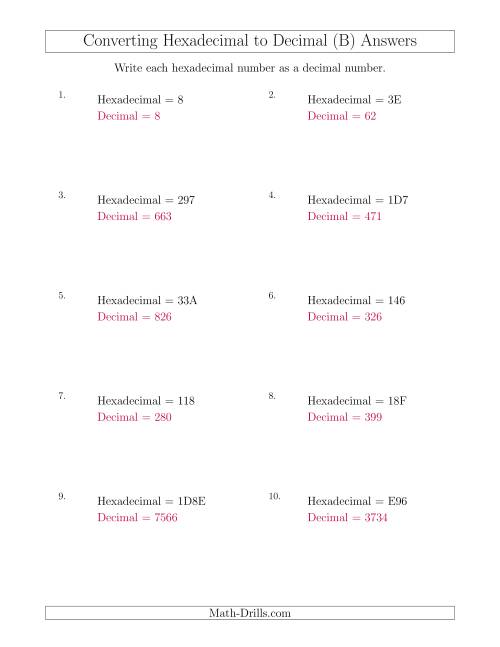 The Converting Hexadecimal Numbers to Decimal Numbers (B) Math Worksheet Page 2