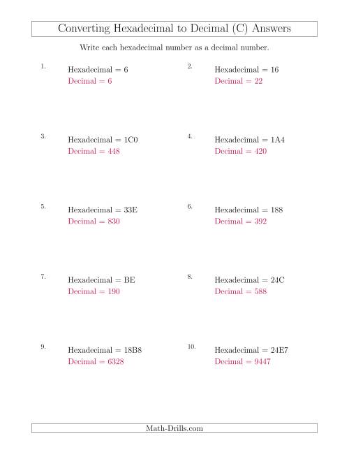 The Converting Hexadecimal Numbers to Decimal Numbers (C) Math Worksheet Page 2