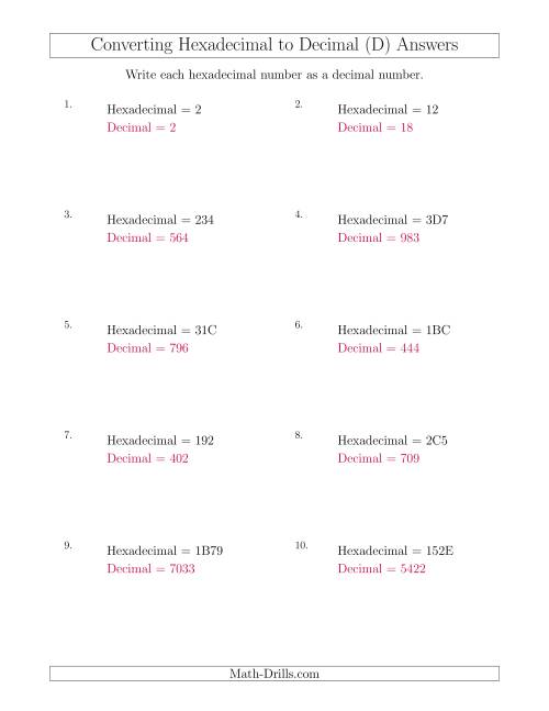 The Converting Hexadecimal Numbers to Decimal Numbers (D) Math Worksheet Page 2