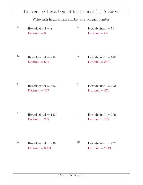 The Converting Hexadecimal Numbers to Decimal Numbers (E) Math Worksheet Page 2