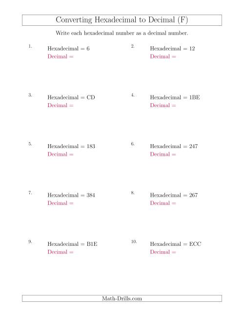 The Converting Hexadecimal Numbers to Decimal Numbers (F) Math Worksheet