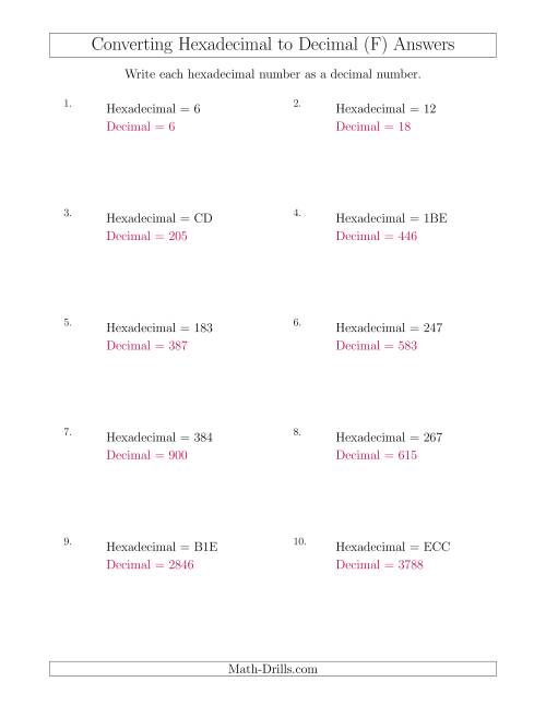 The Converting Hexadecimal Numbers to Decimal Numbers (F) Math Worksheet Page 2