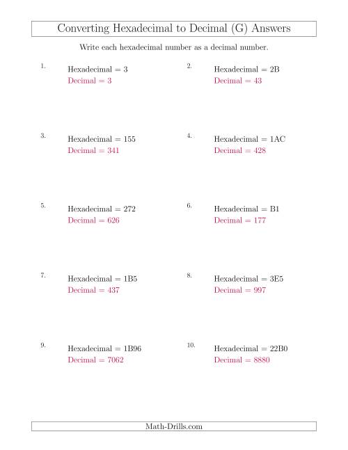 The Converting Hexadecimal Numbers to Decimal Numbers (G) Math Worksheet Page 2