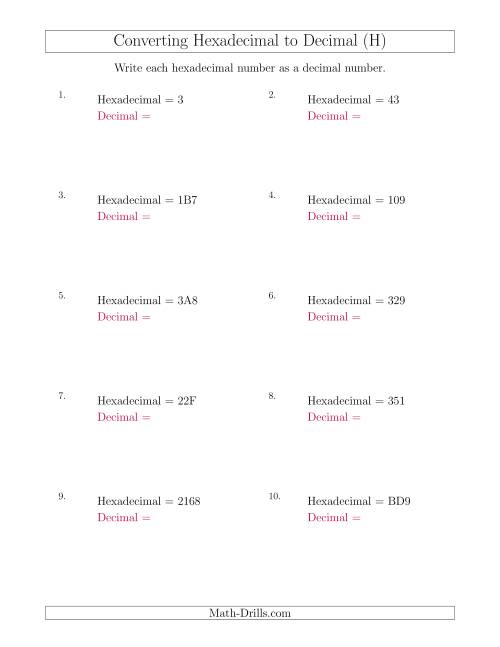 The Converting Hexadecimal Numbers to Decimal Numbers (H) Math Worksheet