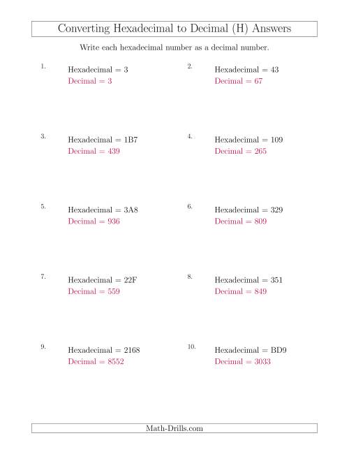 The Converting Hexadecimal Numbers to Decimal Numbers (H) Math Worksheet Page 2