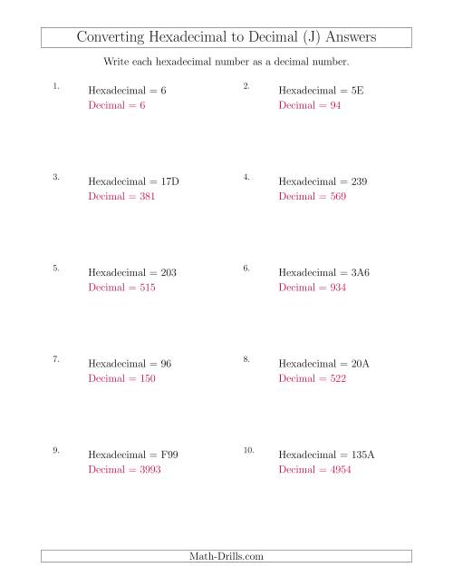 The Converting Hexadecimal Numbers to Decimal Numbers (J) Math Worksheet Page 2