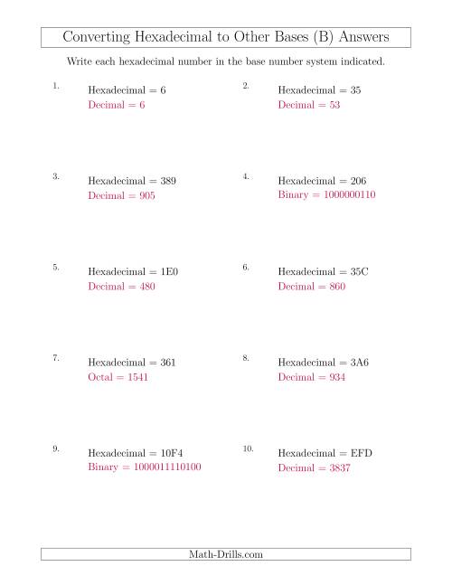 The Converting Hexadecimal Numbers to Other Base Systems (B) Math Worksheet Page 2