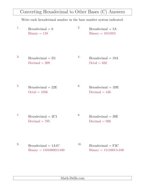 The Converting Hexadecimal Numbers to Other Base Systems (C) Math Worksheet Page 2