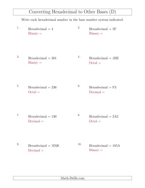 The Converting Hexadecimal Numbers to Other Base Systems (D) Math Worksheet