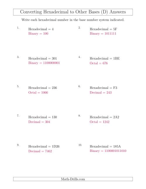 The Converting Hexadecimal Numbers to Other Base Systems (D) Math Worksheet Page 2