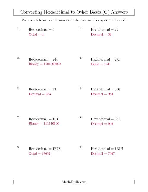 The Converting Hexadecimal Numbers to Other Base Systems (G) Math Worksheet Page 2