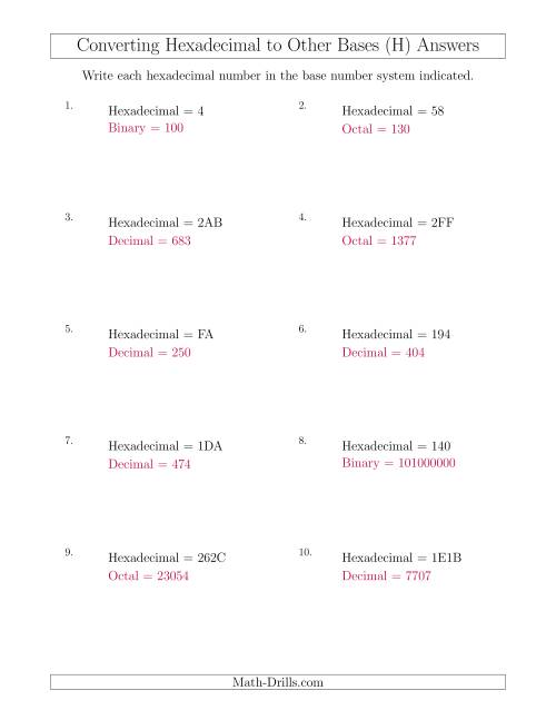 The Converting Hexadecimal Numbers to Other Base Systems (H) Math Worksheet Page 2