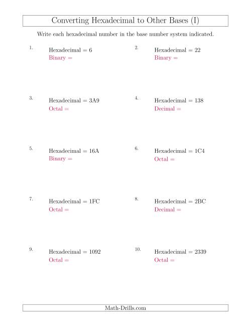 The Converting Hexadecimal Numbers to Other Base Systems (I) Math Worksheet