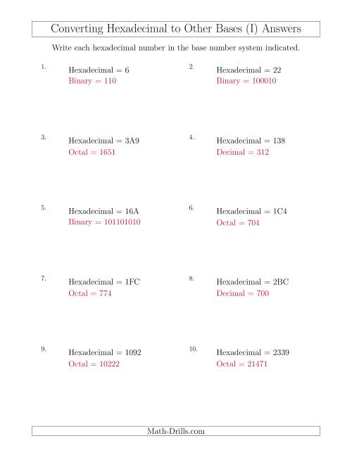 The Converting Hexadecimal Numbers to Other Base Systems (I) Math Worksheet Page 2