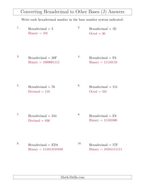 The Converting Hexadecimal Numbers to Other Base Systems (J) Math Worksheet Page 2