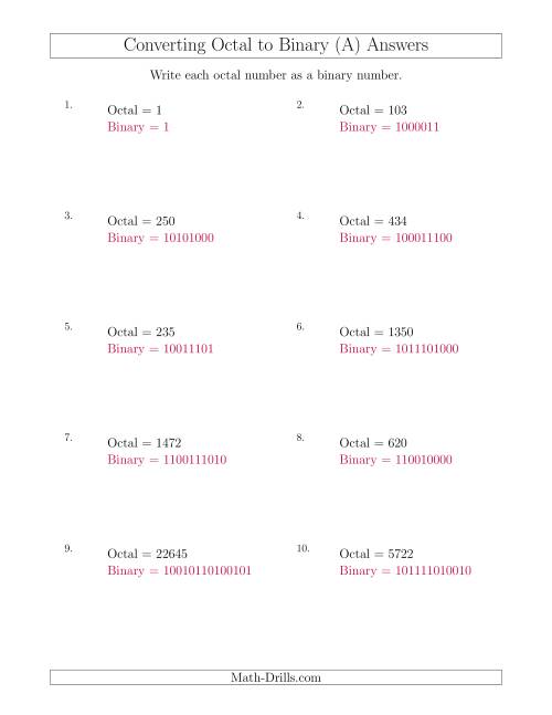The Converting Octal Numbers to Binary Numbers (A) Math Worksheet Page 2