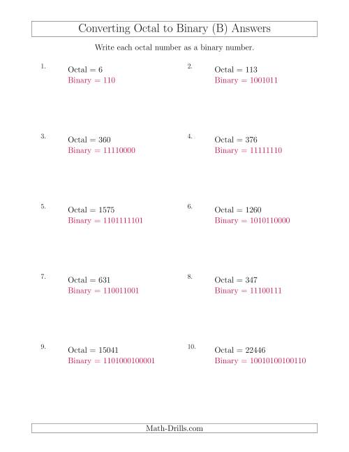The Converting Octal Numbers to Binary Numbers (B) Math Worksheet Page 2