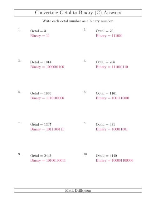 The Converting Octal Numbers to Binary Numbers (C) Math Worksheet Page 2