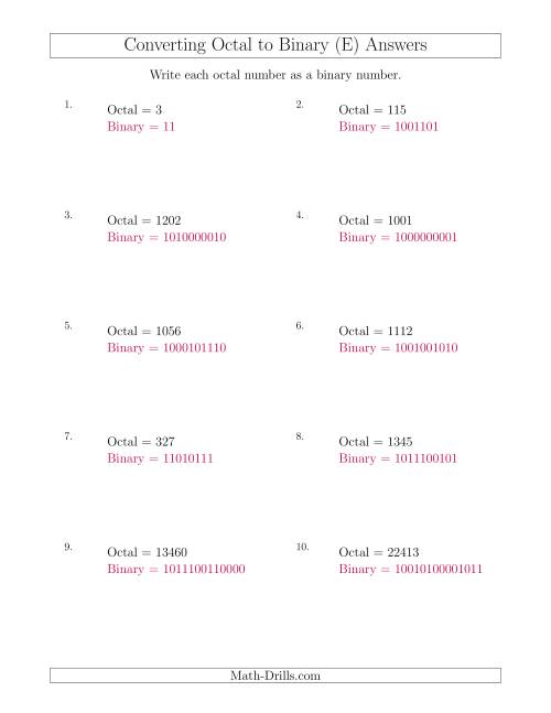 The Converting Octal Numbers to Binary Numbers (E) Math Worksheet Page 2