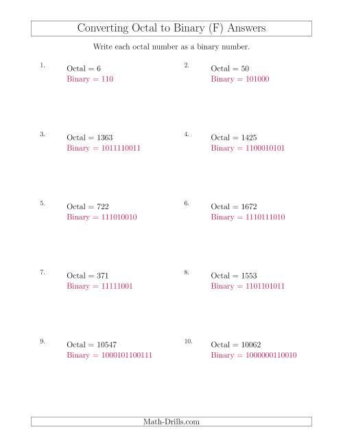 The Converting Octal Numbers to Binary Numbers (F) Math Worksheet Page 2