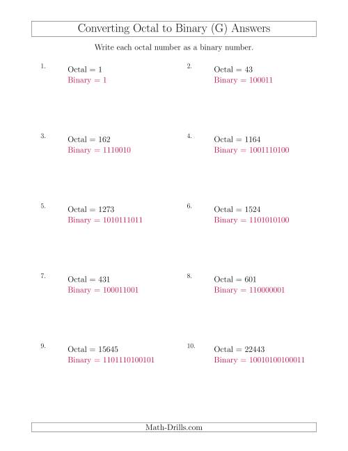 The Converting Octal Numbers to Binary Numbers (G) Math Worksheet Page 2