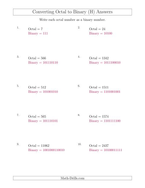 The Converting Octal Numbers to Binary Numbers (H) Math Worksheet Page 2