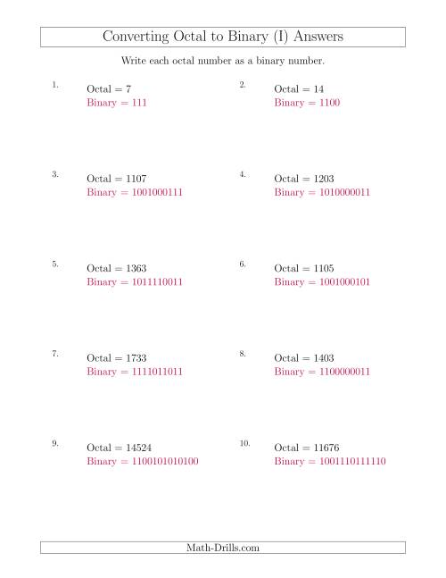 The Converting Octal Numbers to Binary Numbers (I) Math Worksheet Page 2