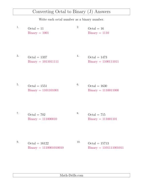 The Converting Octal Numbers to Binary Numbers (J) Math Worksheet Page 2