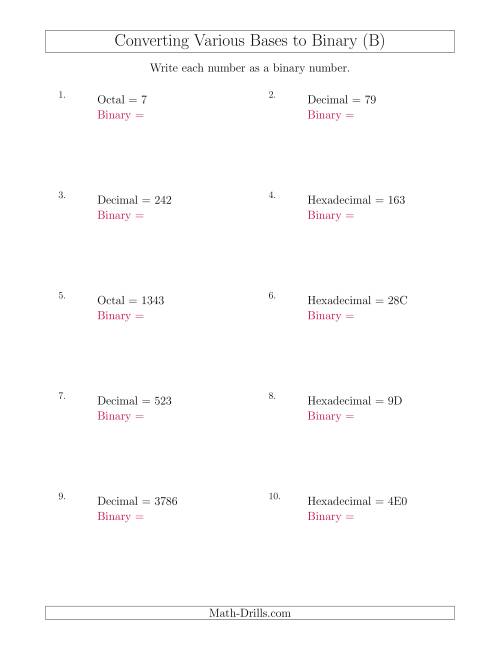 The Converting Various Base Number Systems to Binary Numbers (B) Math Worksheet