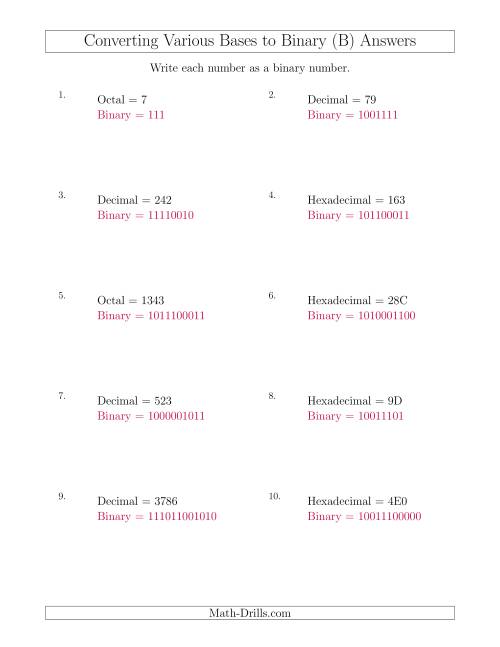 The Converting Various Base Number Systems to Binary Numbers (B) Math Worksheet Page 2