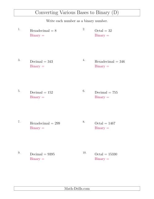 The Converting Various Base Number Systems to Binary Numbers (D) Math Worksheet