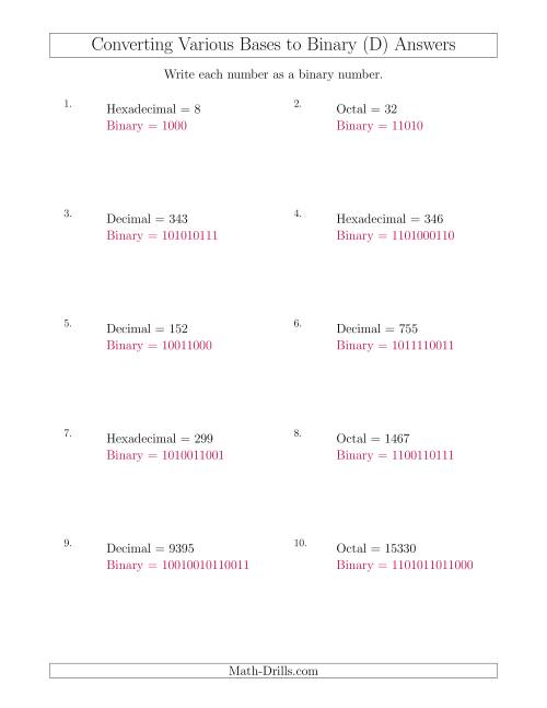 The Converting Various Base Number Systems to Binary Numbers (D) Math Worksheet Page 2