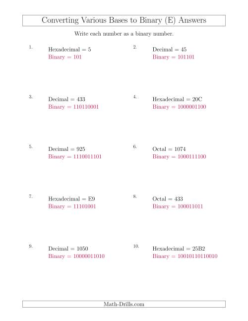 The Converting Various Base Number Systems to Binary Numbers (E) Math Worksheet Page 2