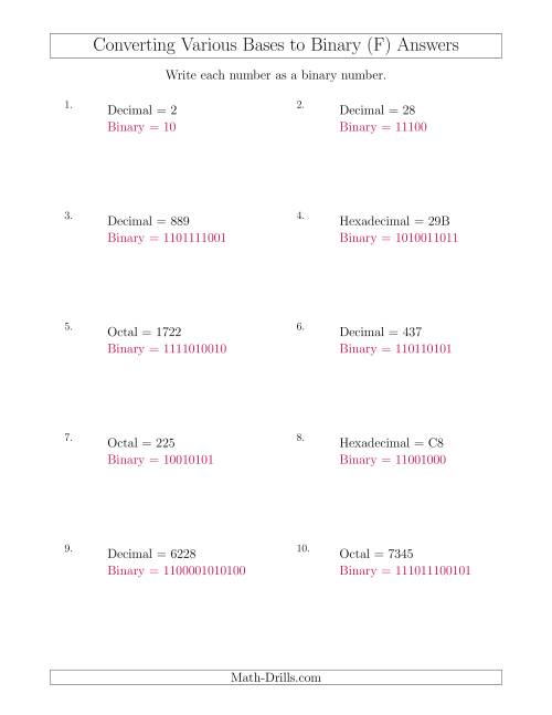 The Converting Various Base Number Systems to Binary Numbers (F) Math Worksheet Page 2