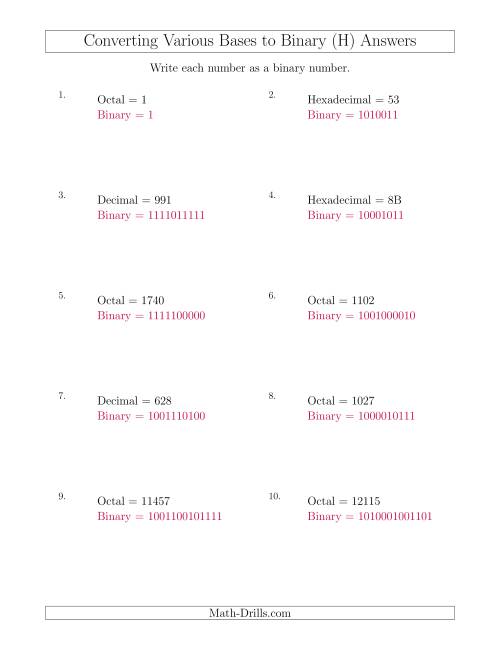 The Converting Various Base Number Systems to Binary Numbers (H) Math Worksheet Page 2