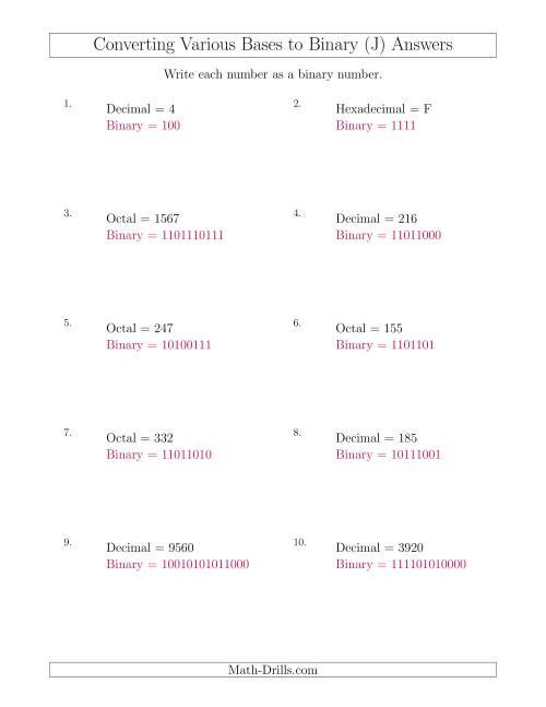 The Converting Various Base Number Systems to Binary Numbers (J) Math Worksheet Page 2