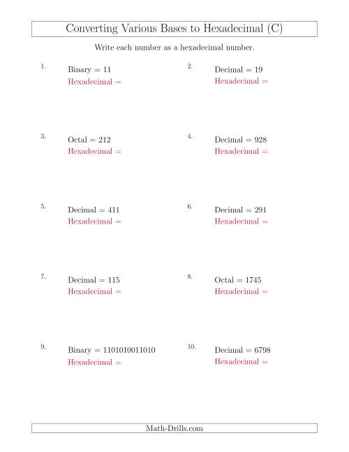 The Converting Various Base Number Systems to Hexadecimal Numbers (C) Math Worksheet