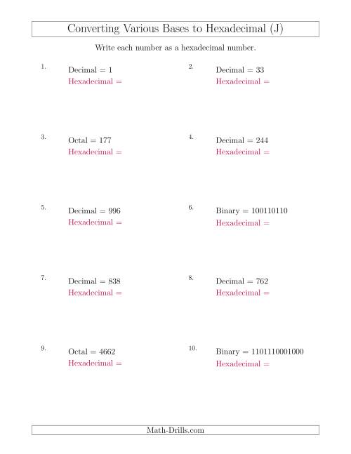 The Converting Various Base Number Systems to Hexadecimal Numbers (J) Math Worksheet