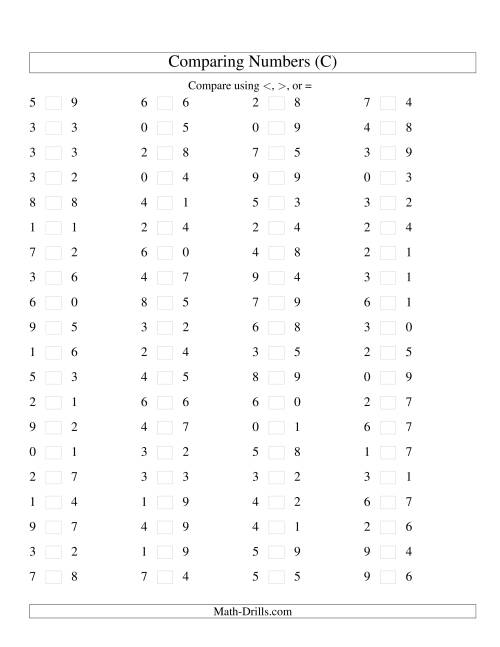 The Comparing Numbers to 9 (C) Math Worksheet