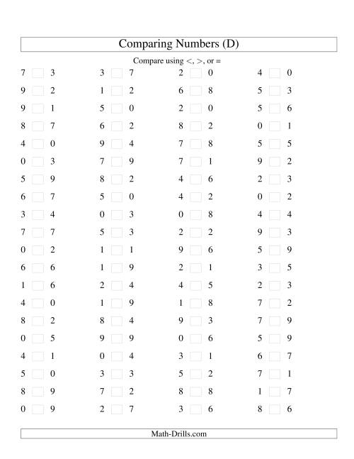 The Comparing Numbers to 9 (D) Math Worksheet