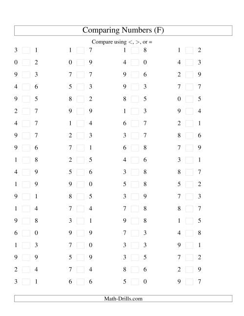 The Comparing Numbers to 9 (F) Math Worksheet