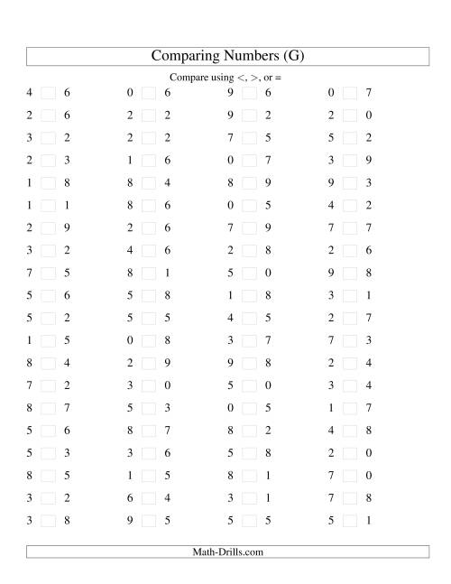 The Comparing Numbers to 9 (G) Math Worksheet