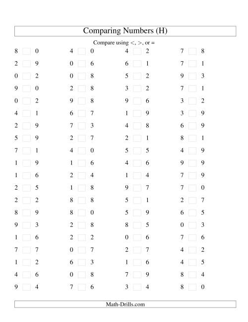 The Comparing Numbers to 9 (H) Math Worksheet