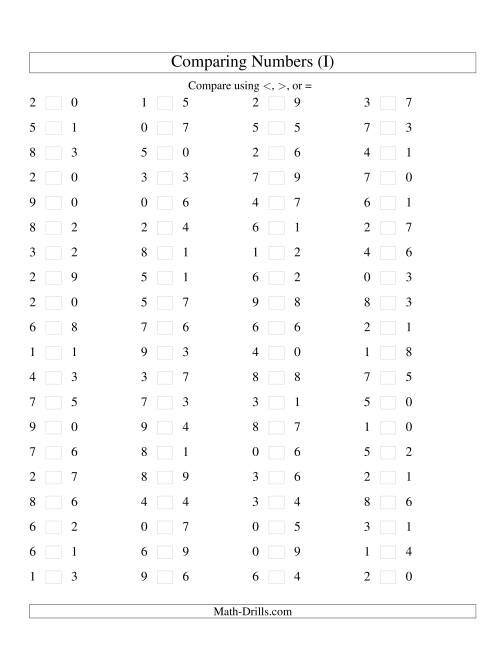 The Comparing Numbers to 9 (I) Math Worksheet